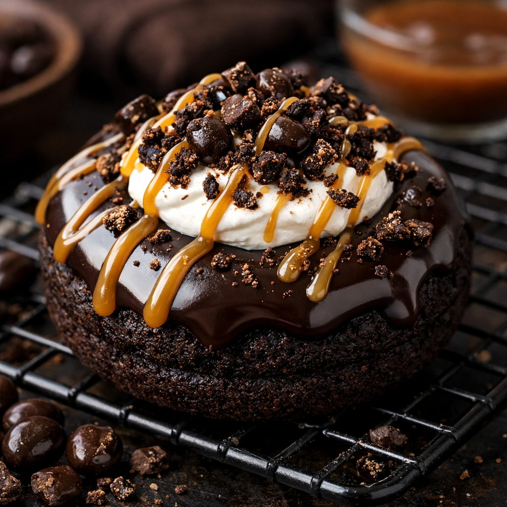 Chocolate protein donut with vanilla cream filling, chocolate glaze, cookie crumble, and caramel drizzle from Mother of Macros Cafe
