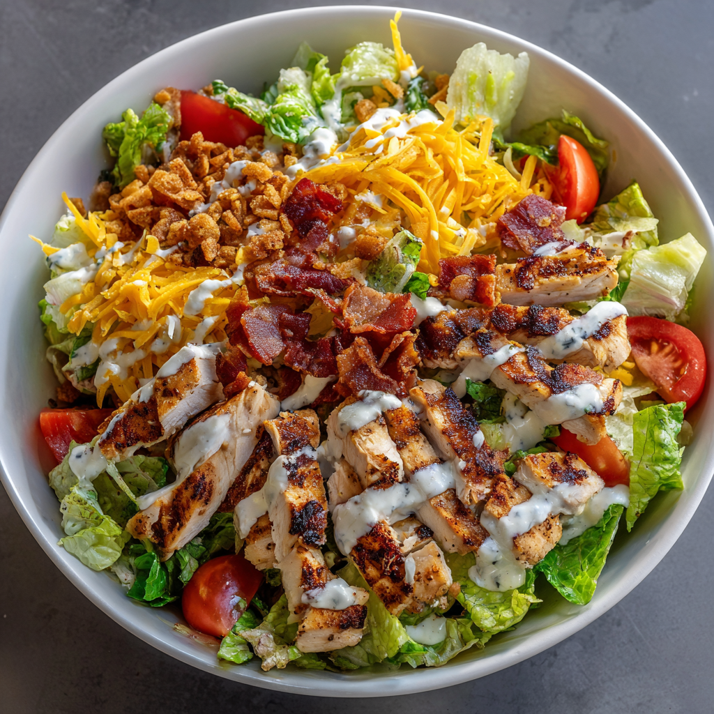 Grilled chicken salad with bacon, cheddar, tomatoes, and ranch from Mother of Macros Cafe
