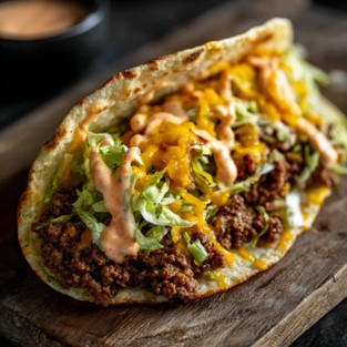 Burger-inspired beef taco from Mother of Macros Cafe packed with seasoned lean ground beef, crisp lettuce, cheddar cheese, pickle relish, crisp diced onions and Thousand Island sauce