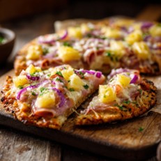 Hawaiian flatbread pizza with ham, pineapple, and mozzarella from Mother of Macros Cafe